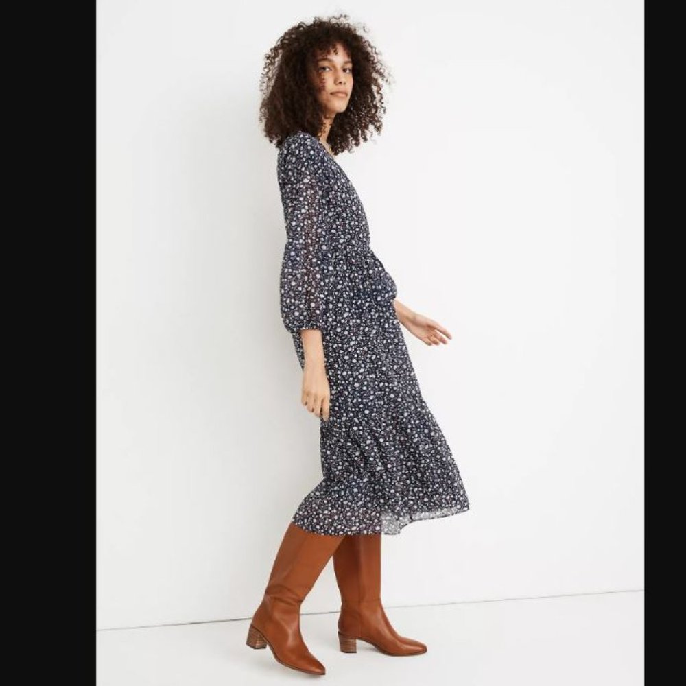Madewell Navy Floral Tie-Waist Midi Dress Harvest - Picture 2 of 10